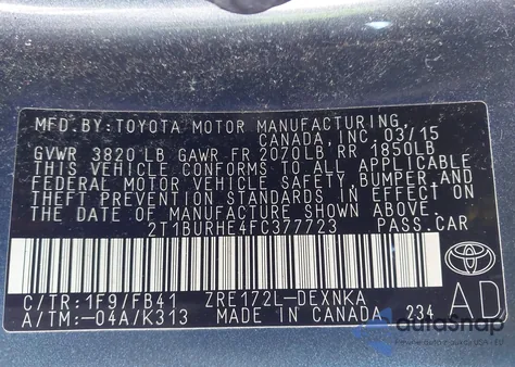 2015 Toyota Corolla Le z USA, uszkodzony, nr VIN 2T1BURHE4FC377723